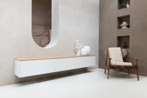 Nika | Zwevend tv-meubel | 2 Kleuren | MDF & Eiken | Scandinavisch Design | 3 Kleppen | 180 – 300 cm