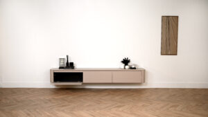 Runa | Zwevend tv-meubel | Eiken | Rond Design | 3 Kleppen | 180 – 300 cm