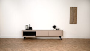 Runa | tv meubel op zwarte retro pootjes | Eiken | Rond Design | 3 Kleppen | 180 – 300 cm