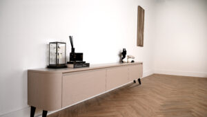 Runa | tv meubel op zwarte retro pootjes | Eiken | Rond Design | 3 Kleppen | 180 – 300 cm