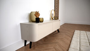 Runa | tv meubel met zwarte retro pootjes | Eiken | Rond Design | 2 Kleppen | 120 – 160 cm