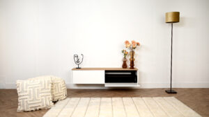 Nika | Zwevend tv-meubel | 2 Kleuren | MDF & Eiken | Scandinavisch Design | 2 Kleppen | 120 – 160 cm