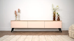 Nika | tv meubel op zwarte retro pootjes | 2 Kleuren | MDF & Eiken | Scandinavisch Design | 3 Kleppen | 180 – 300 cm