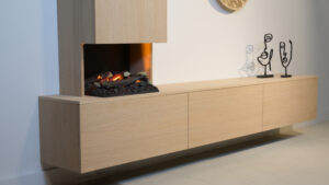 Jackson | tv meubel met openhaard en koof | Eiken | 3 Kleppen | 200 – 300 cm Blanco Eiken