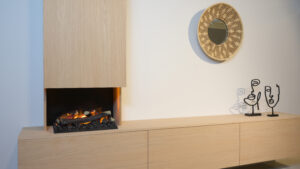 Jackson | tv meubel met openhaard en koof | Eiken | 3 Kleppen | 200 – 300 cm Blanco Eiken