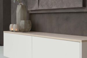 Gregor | Zwevend tv-meubel | Eiken Melamine | Scandinavisch Design | 2 Kleppen | 120 – 180 cm